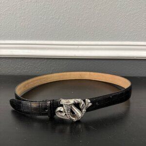 Vtg 90s Brighton Leather Belt Holiday Series Classic Design Black Silver 34